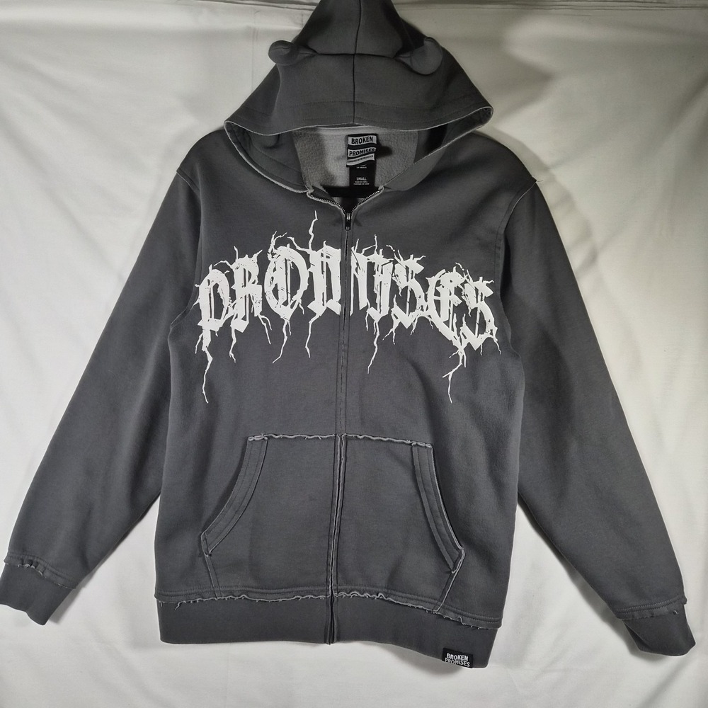 Broken Promises Men's Small Gray Distressed Graphic Full Zip Hoodie Goth Grunge